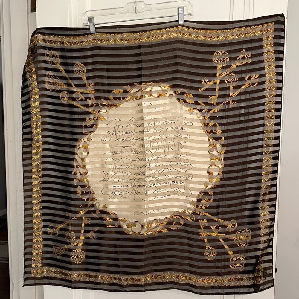 Vtg very large Liz Claiborne brown, gold & cream polyester scarf/ key print